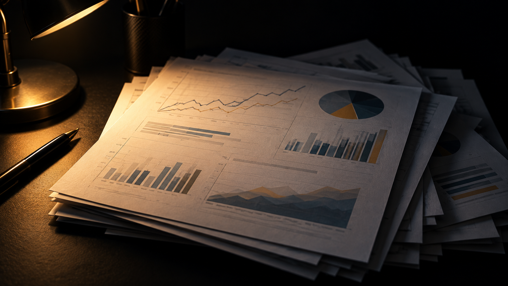 Bilan des transformations digitales : pile de graphiques imprimés sur un bureau sombre, la feuille du dessus éclairée par une lampe unique