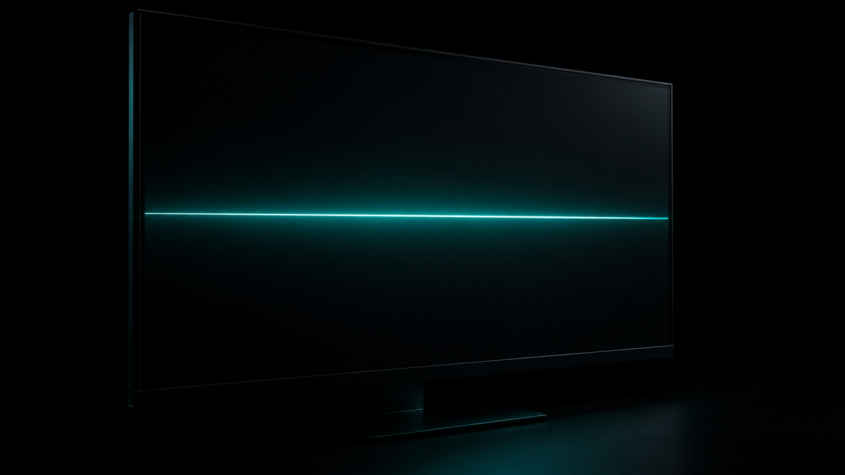 Sobriété du web : grand écran sombre ne montrant qu’une fine ligne horizontale de lumière turquoise, sans aucun autre élément